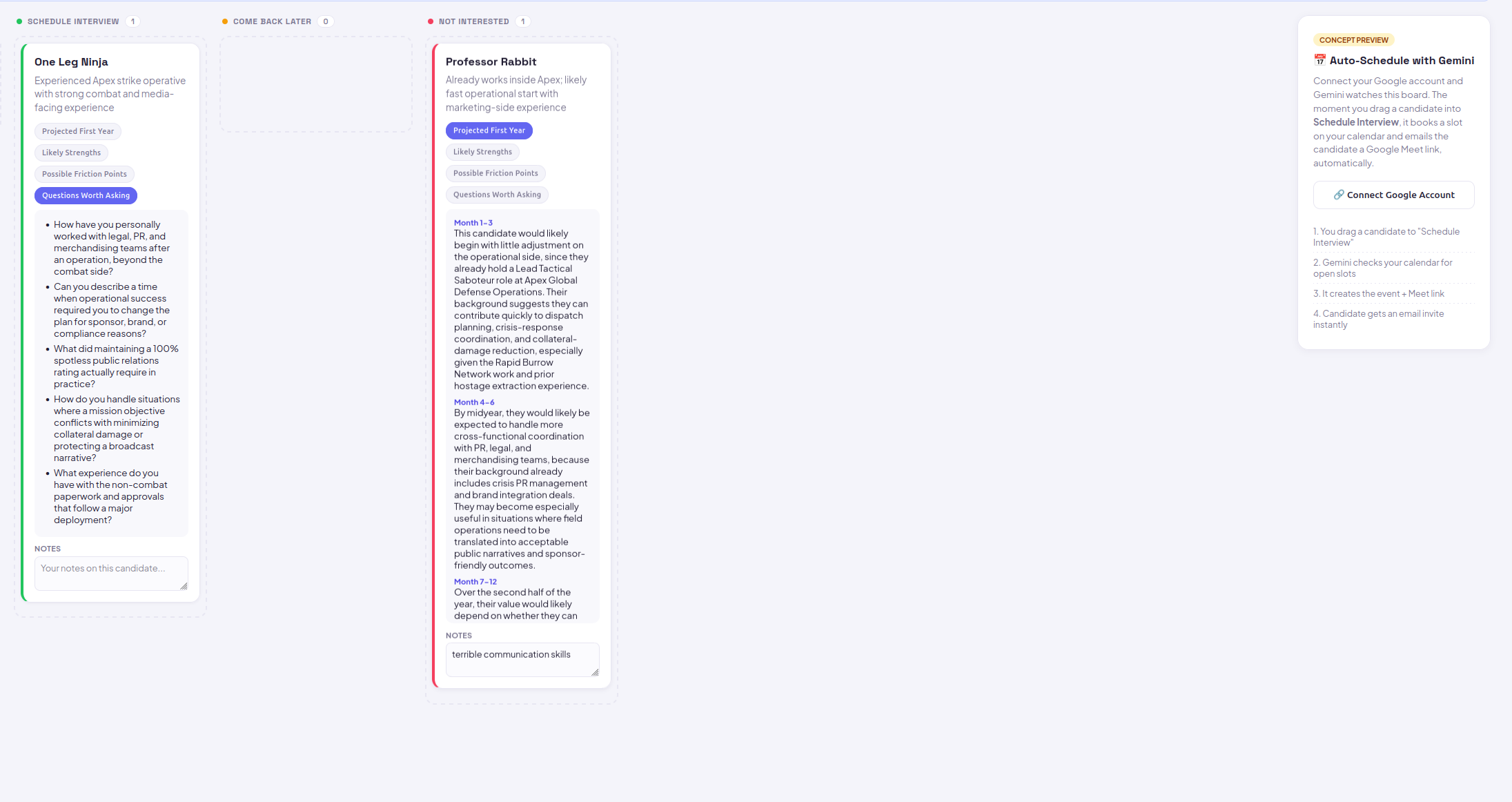 RecruiterAI profiling board
